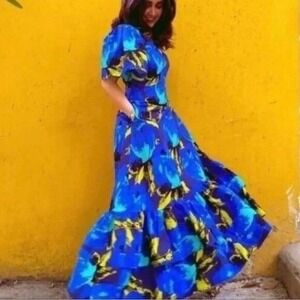 Christopher John Rogers x Target Floral Puff Sleeve Maxi Dress Women 4 Blue Boho